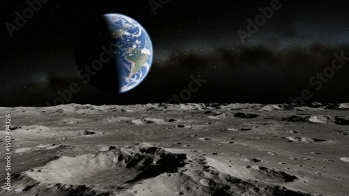 Earth rising above lunar horizon