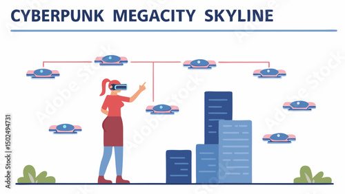 Woman in vr headset interacts with drones over a futuristic city landscape with tall buildings and greenery