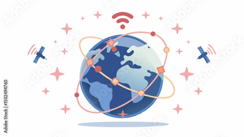 Illustration of a globe surrounded by satellites and a wifi symbol with stars around it