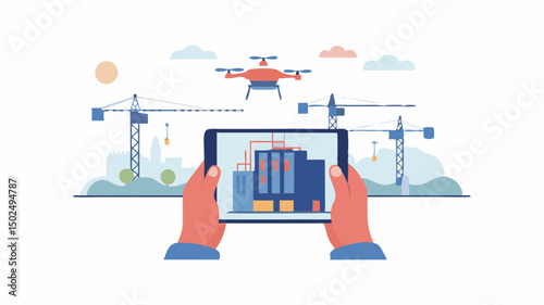 Hands holding tablet displaying building design with cranes and a drone in the background scene view