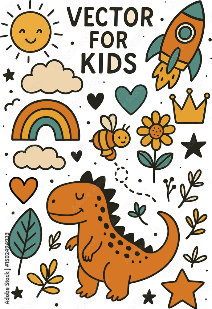 Obraz premium Hand-drawn trendy vector illustration for kids featuring a whimsical scene of cute animals (like fox, bear, and bunny) playing together in a magical forest