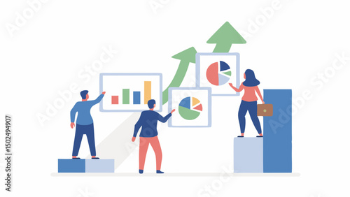 Team analyzing charts and graphs with upward arrows showing business growth and development plan