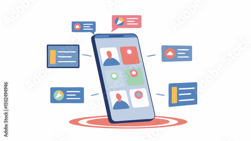 Illustration of a smartphone displaying video call with data charts and information around it