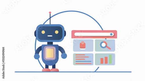 Illustration of a blue robot standing next to a user interface with search and data icons displayed