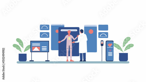 A doctor assists a patient inside a medical scanning machine with screens and plants in the background