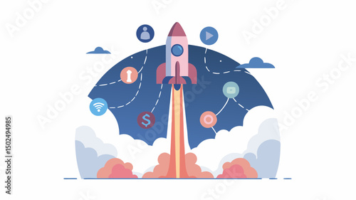 Illustration of a rocket launching with icons connected by a dashed line in the background