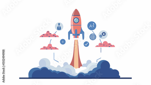 Illustration of a launching rocket with icons representing business and technology concepts around it