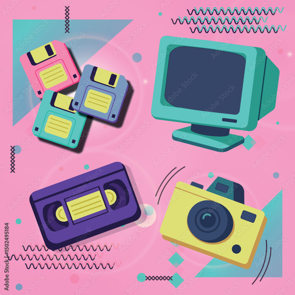 Vinyl, cds, 90 cliparts, stickers, casette, computadora, camara, disquete, VHS, decoracion de musica	
