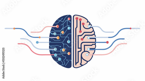 Illustration of a stylized brain divided into circuit board and neural network representations imagery