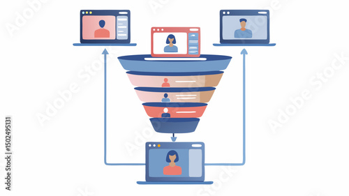 Funnel illustration showing conversion from multiple sources to one final destination page on a laptop