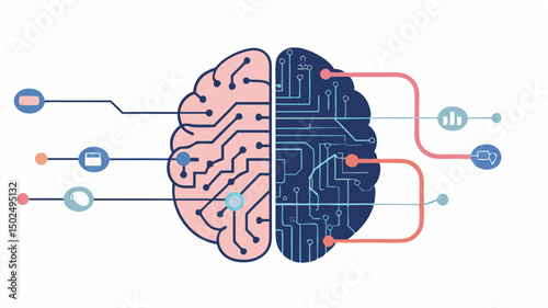 Illustration of a brain divided into two halves with circuit board patterns and connected icons