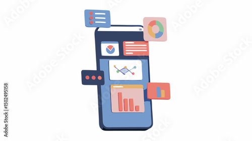 Illustration of a smartphone with floating data charts and graphs for mobile data analytics app use
