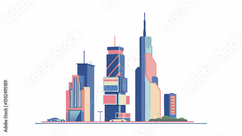 Stylized cityscape illustration featuring tall buildings and two cars in a flat design style view
