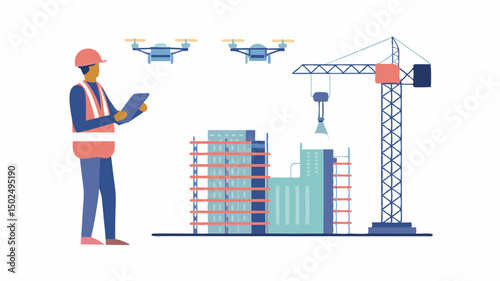 Illustration of a construction worker with drones, crane, and buildings under construction project