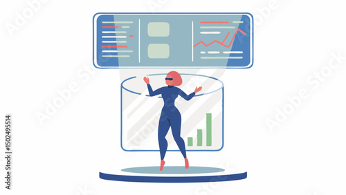 Woman using vr headset interacting with data charts and graphs in a futuristic virtual environment