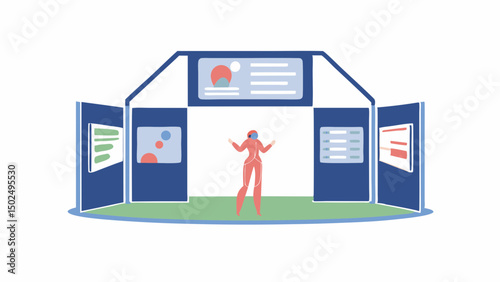 Illustration of a person standing inside a trade show booth with display panels and promotional materials