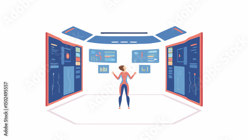 Woman standing in a futuristic room with multiple screens displaying data and information panels around her