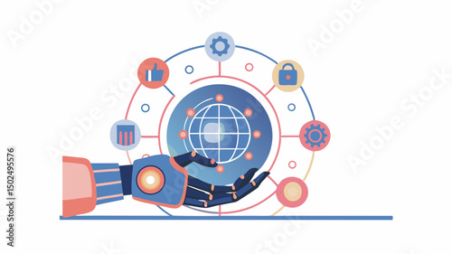 Robotic arm holding a globe surrounded by icons representing various digital technologies and services