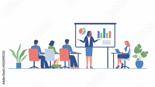 Woman presenting data charts to a group of people in a meeting room with plants and tables seen