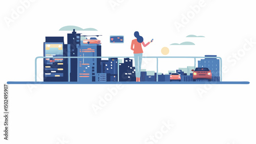 Illustration of a woman on a bridge overlooking a city skyline with cars and a drone in the air
