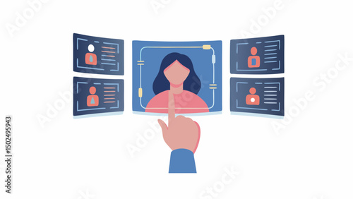 A hand selecting a woman from a group of profiles on a futuristic interface with a blue background
