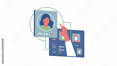 Hand interacting with profile interface on screen for employee management and selection process online