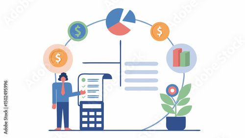 Illustration of a business person with calculator and financial charts in a circular arrangement