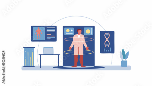 Illustration of a man standing in a futuristic medical scanner with screens displaying data analysis