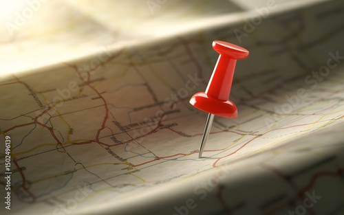 High Detail Map with Red Pin Emphasizes Location Marking and Travel Coordination Concept