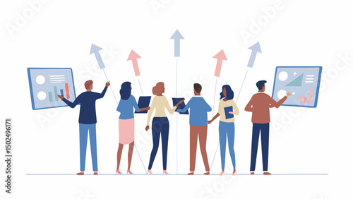 Group of professionals presenting data with upward arrows in a business meeting setting view from behind