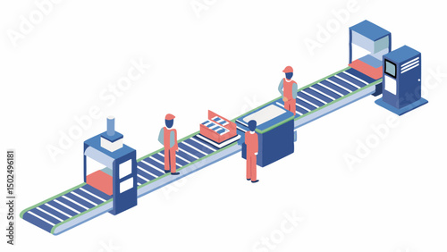 Isometric view of factory workers on assembly line with conveyor belts and machinery shown here