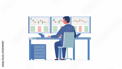 A man in a suit sits at a desk with three monitors displaying stock market information and data charts