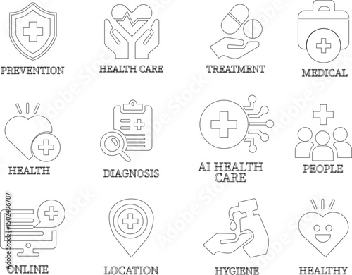 Health care line art icon set.Vector illustration in modern style health related icon mental health, healthcare, medical, wellbeing, meditation, lifestyle, Medical Exam, Medicine, Hospital and more.