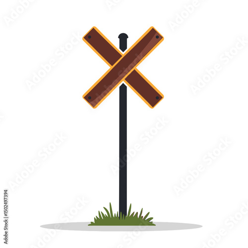 Cartoon Railroad Crossing Sign with Brown Crossbucks and Black Pole on White Background Illustration