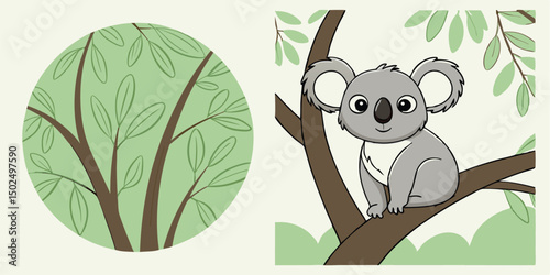 Adorable cartoon koala bear on a branch with green leaves and eucalyptus trees illustration