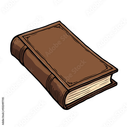 Illustration of a Brown Hardcover Book with Dark Outlines and White Pages, Isolated on White Background