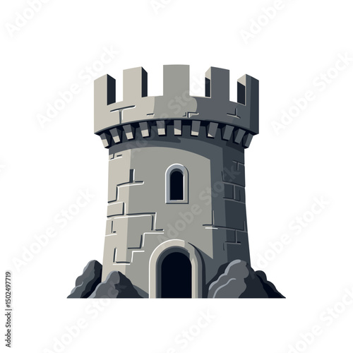 Illustration of a Medieval Castle Tower with Stone Walls and Battlements on a White Background