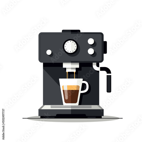 Sleek Black Espresso Machine Brewing Coffee into a Clear Glass Cup Flat Vector Illustration