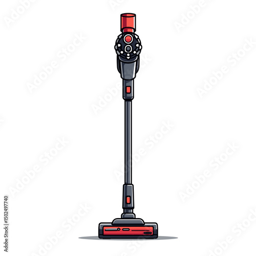 Illustration of a Cordless Stick Vacuum Cleaner with Red Accents on a White Background