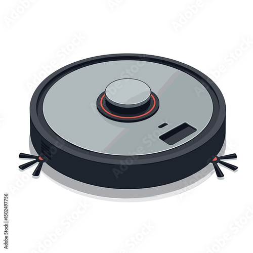Isometric Illustration of a Modern Robot Vacuum Cleaner on a White Background, Cleaning Technology