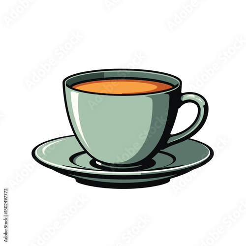 Illustration of a Cup of Tea with Saucer, Light Blue, on a White Background