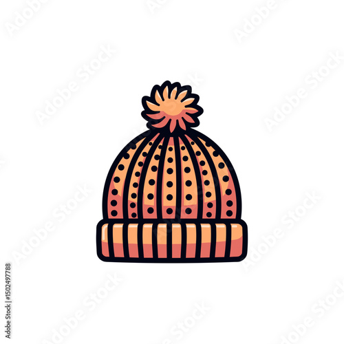 Illustration of a Knitted Winter Hat with Pom Pom and Geometric Pattern in Warm Colors, Isolated on White