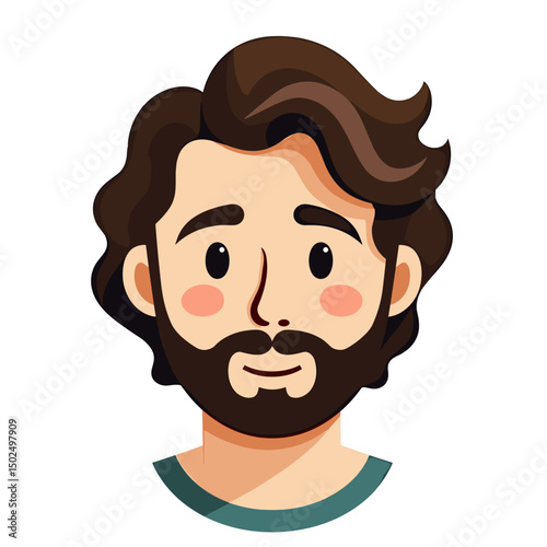 Cartoon Portrait of a Man with Brown Hair and Beard, Smiling Face Illustration