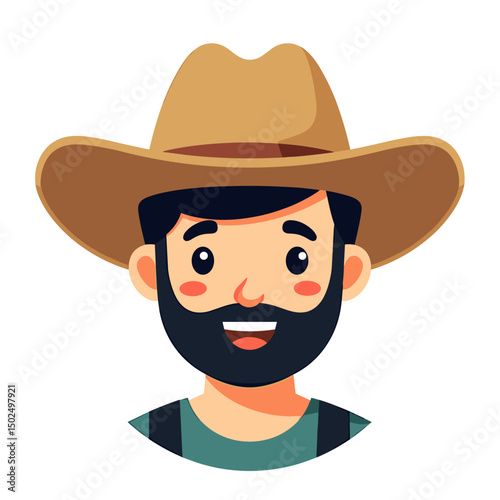 Cartoon Farmer Portrait with Cowboy Hat and Beard Illustration, Simple Vector Style