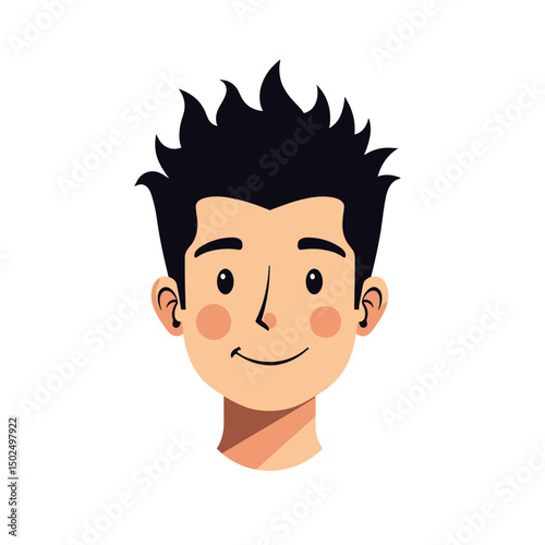 Cartoon Illustration of a Smiling Young Man with Spiky Black Hair on a White Background