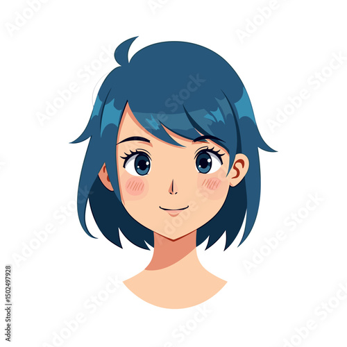 Anime Style Portrait Illustration of a Smiling Young Woman with Short Blue Hair and Fair Skin
