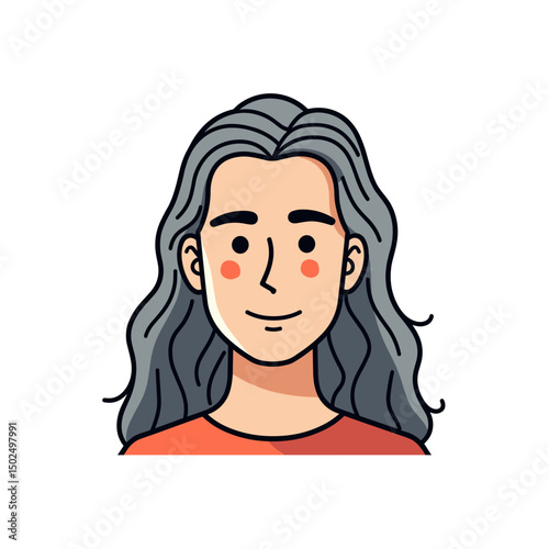 Portrait Illustration of a Woman with Long Gray Hair and a Red Shirt on a White Background