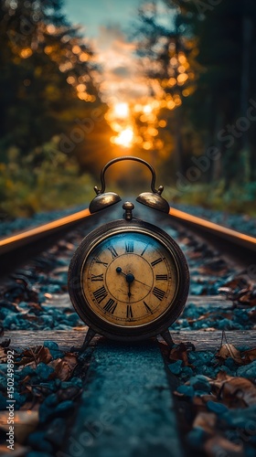 Vintage Clock on Train Track at Sunset