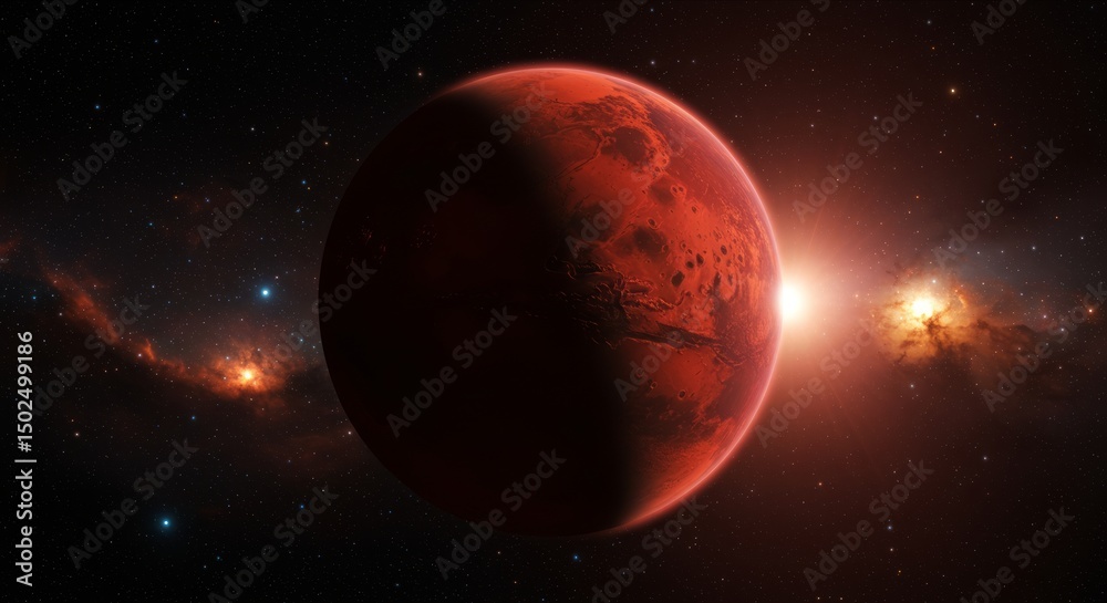 Obraz premium Reddish Mars-like planet in space with starry nebula background.