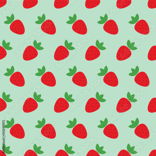 Vector pattern with red strawberries repeating on a green background